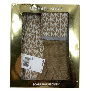 NWT $98 MICHAEL KORS 3 Piece Scarf Hat Glove Boxed Set Beige MK Logo One Size